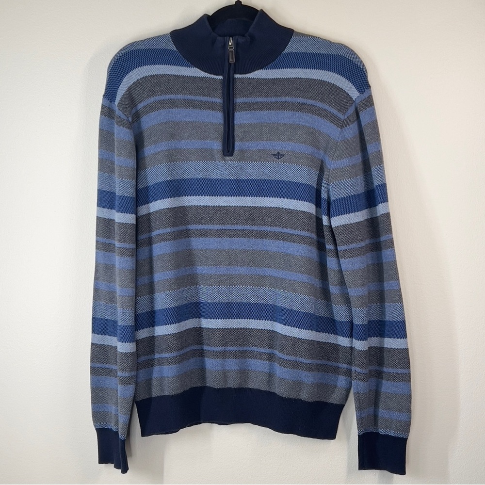 Dockers Mens Size M Blue Gray striped long sleeve knit shirt. Quarter zip